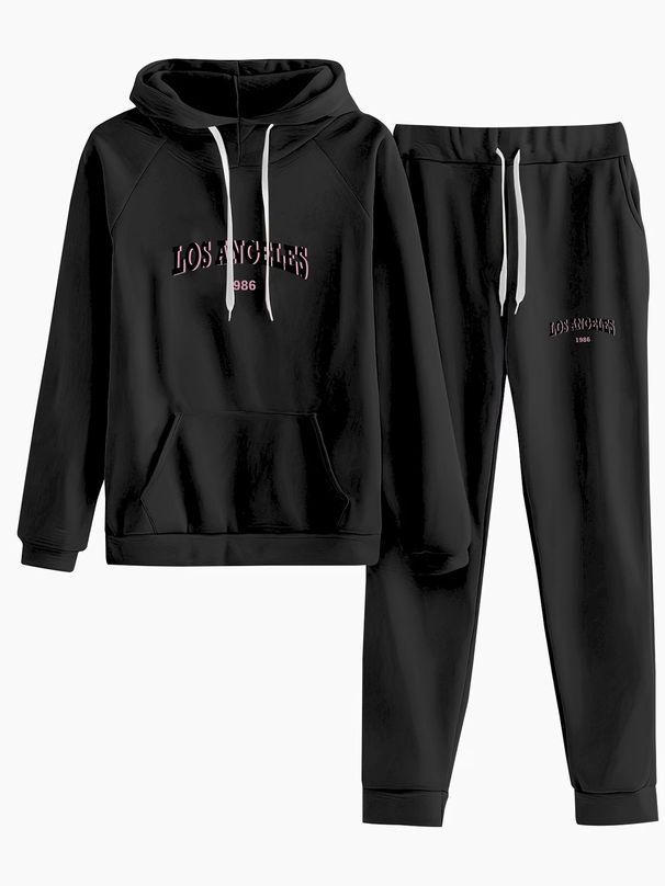 Women's Clothing American Style Autumn Winter Casual Letter Print Hooded Sweatshirt And Pants Two-Piece Set_ecoleips.com