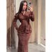 Vintage-Inspired Long Sleeve Dress - Elegant V-Neck Floral Print Midi Dress With Button Detail (Dark Brown, S-XXL)_ecoleips.com