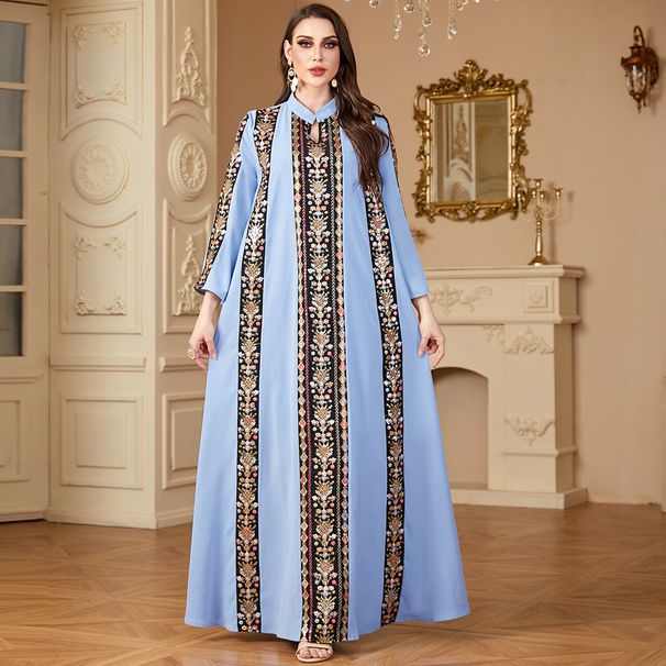 Women's Clothing Muslim Dubai Long Skirt V Neck Embroidery Splicing Contrast Color Foreign Trade Polyester Dress_ecoleips.com
