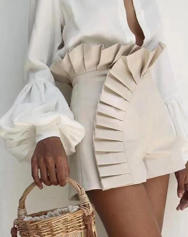 Aria Basics Aria Basics 2025 Summer Cross-Border European And American New Fashion Women's Solid Color Pleated Lace Design High Waist Zipper_ecoleips.com