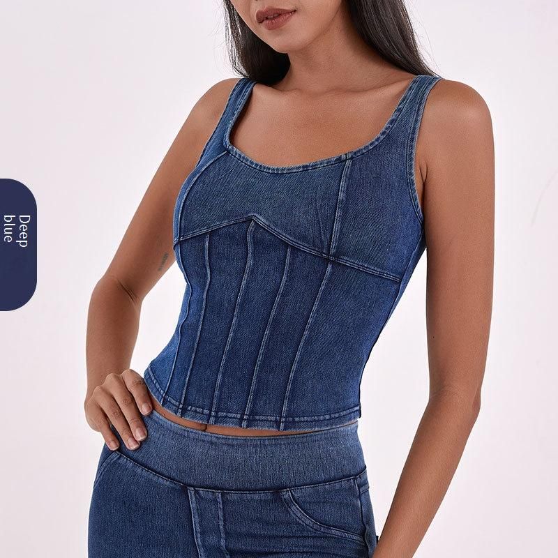 Women's Clothing New Denim Yoga Camisole Vest For Women With Elastic Tights And Chest Pads For Beautiful Back Sports Wear Fitness Tops_ecoleips.com
