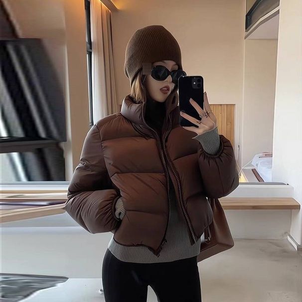 Women's Clothing Short Puffer Jacket Winter Coat Stand Collar Quilted Outerwear Casual Loose Fit Khaki/Black_ecoleips.com