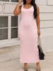 Plus-size Elegant Dress, Solid Color, Slim Fit, Sleeveless, Sexy Low Neckline, Slit, And Button-down Details. Suitable For Everyday Wear, Casual Outings, Dates, And Parties._ecoleips.com