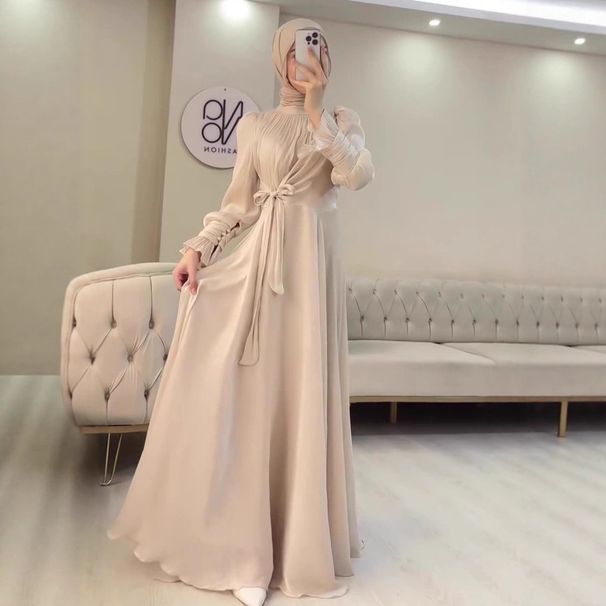 Women's Clothing Dubai-Inspired Party Dress With Corset Tie – Elegant Princess Sleeves, 3D Floral Appliqué, A-Line Swing Skirt (White/Dark Brown)_ecoleips.com