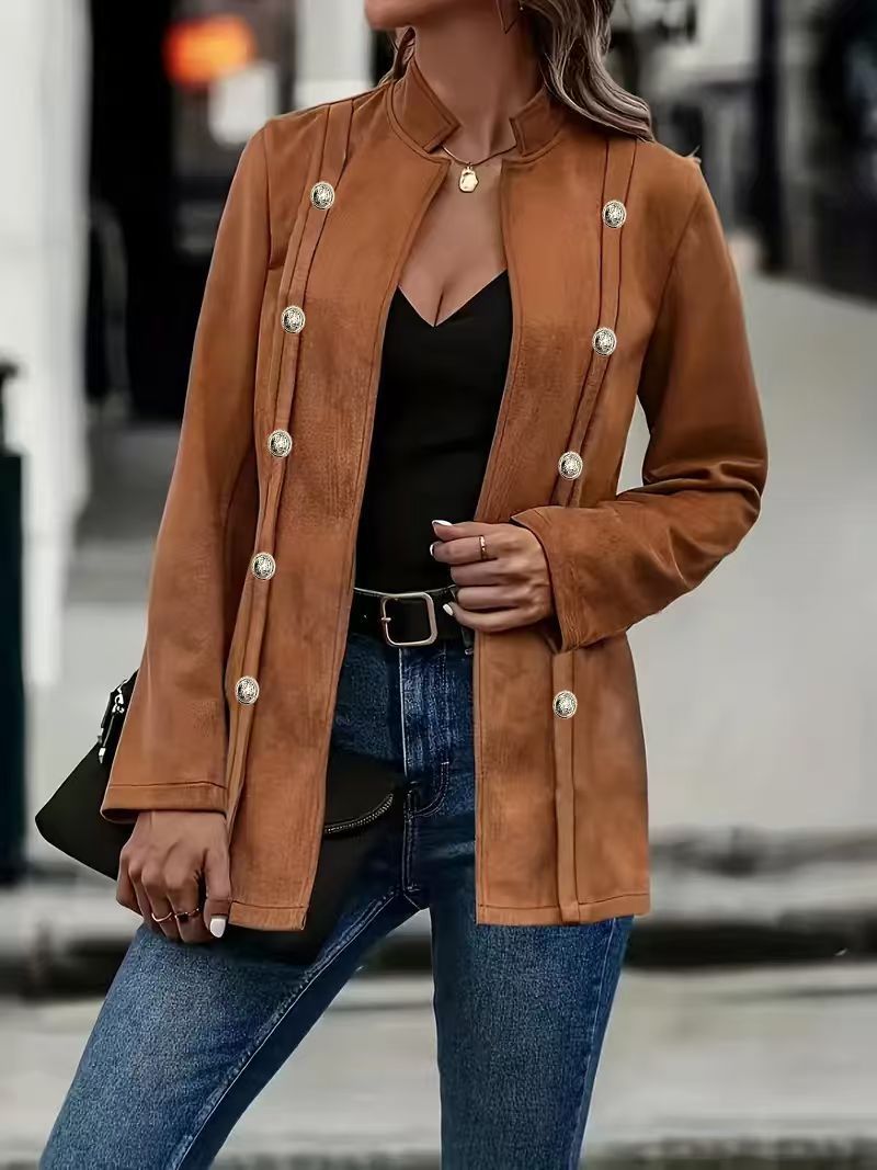 Women's Clothing Retro Long Sleeved Double Breasted Decorative Jacket Solid Color Coat_ecoleips.com