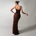 Women's Clothing Style Sexy Slim Fit Long Beach Dress Backless Coffee Color Ruffled Ribbon Detail For Formal & Casual For Women_ecoleips.com