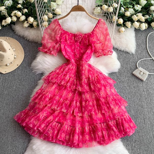 Women's Clothing Style Three Dimensional Flower Square Neck Short Sleeved Dress Female Celebrity Super Fairy Print Waist Slim Cake Mid Length Skirt_ecoleips.com