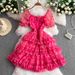 Women's Clothing Style Three Dimensional Flower Square Neck Short Sleeved Dress Female Celebrity Super Fairy Print Waist Slim Cake Mid Length Skirt_ecoleips.com