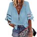 Women's European American Style V Neck Zip up Shirt Loose Fit Chiffon Top with Half Flare Sleeves Mesh Patchwork 2025 Fashion_ecoleips.com