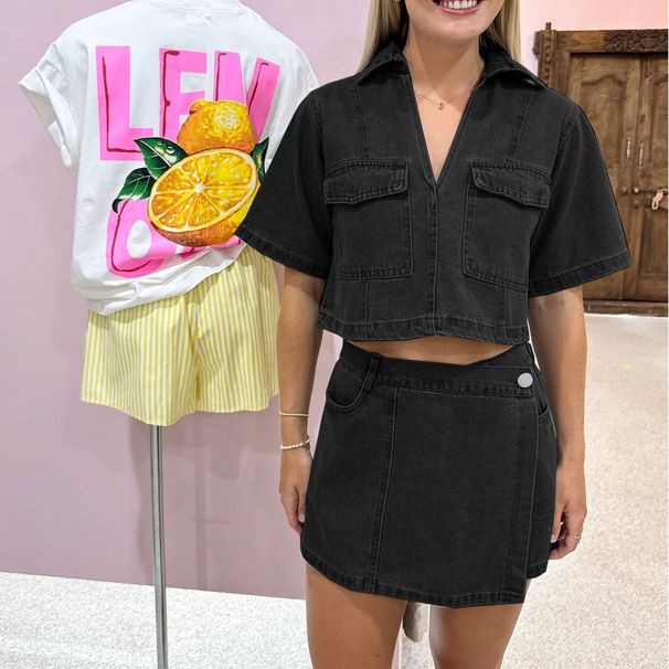 European And American Cargo Denim Suit Two Piece Skirt Set Women's Summer V-neck Short-sleeved Top Summer Female Spice Girl High Waist Irregular Skirt_ecoleips.com