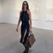 Women's Deep V Neck Backless Halter Neck Dress Sexy Tie up Waist Slit European American Style Casual Dress_ecoleips.com