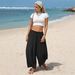 Women's Linen Wide Leg Trousers Bohemian Summer Casual Patchwork Loose Elastic Waist European And American Style 2026_ecoleips.com