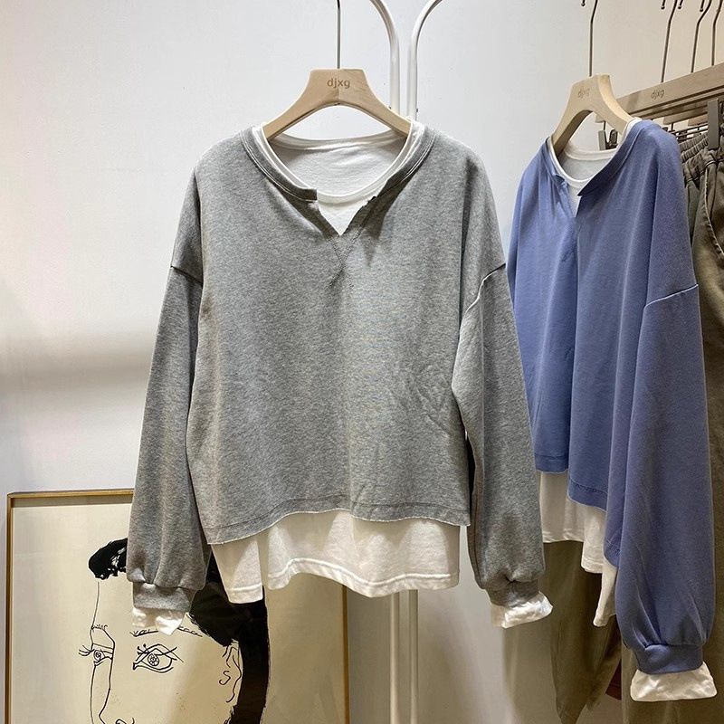 Real Shot Of European American Color-blocked Faux Two-piece Long-sleeve Sweatshirt For Women, Spring And Autumn Thin_ecoleips.com