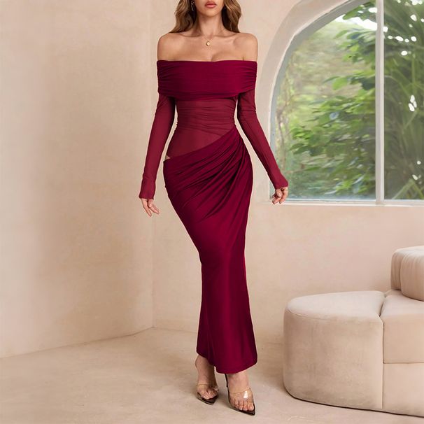 Women Elegant Off Shoulder Long Sleeve Sheer Mesh Maxi Dress Fashion Party Evening Wear_ecoleips.com