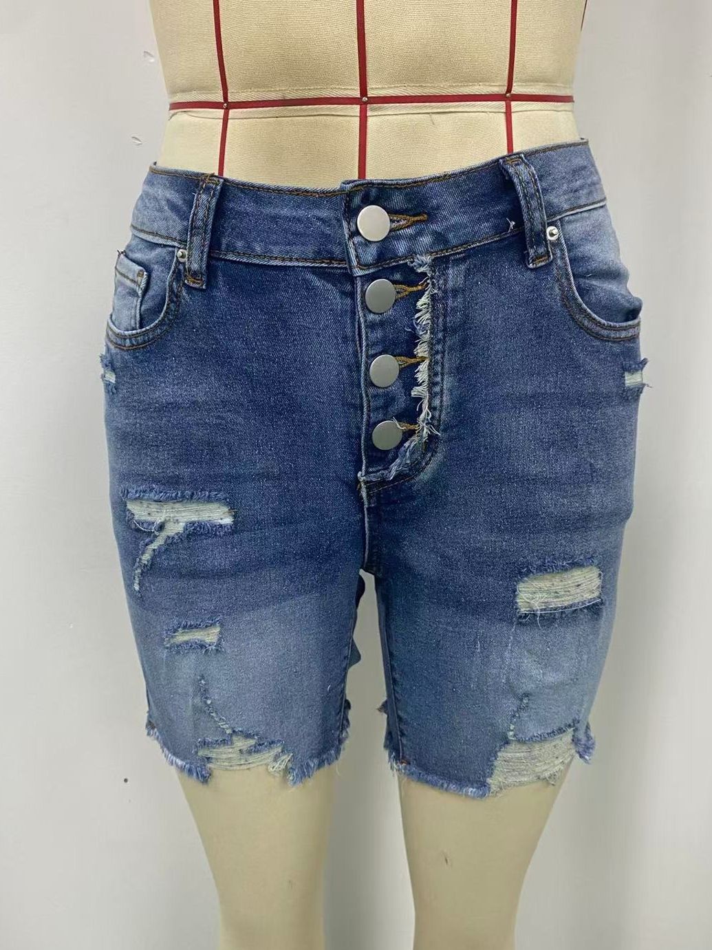 K New Fashionable Women's Perforated Elastic Denim Jeans, Fashionable Denim Shorts_ecoleips.com