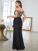 Women Sexy Low Neck Party Evening Dress Boat Neck Slit Thigh Contrast Color Black Flower Bridesmaid Dress _ecoleips.com