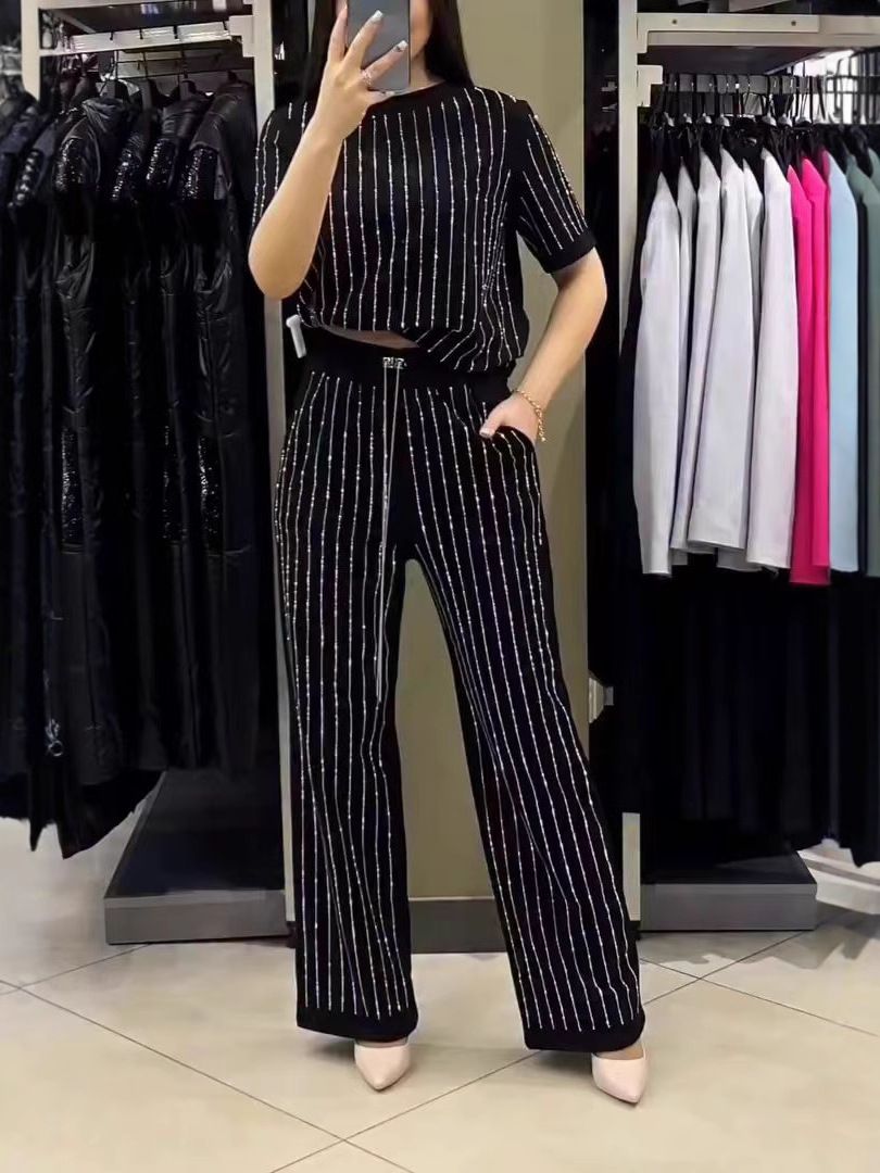 Women's Slim-Fit Knit Blazer Set With Rhinestone Striped Tee - Summer Office Wear, Stretchy Polyester Suit (Black, S-XXXL)_ecoleips.com