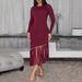 Plus Size Elegant Fringe Dress Women's Solid Color Long Sleeve Bodycon Evening Gown With Round Neck_ecoleips.com