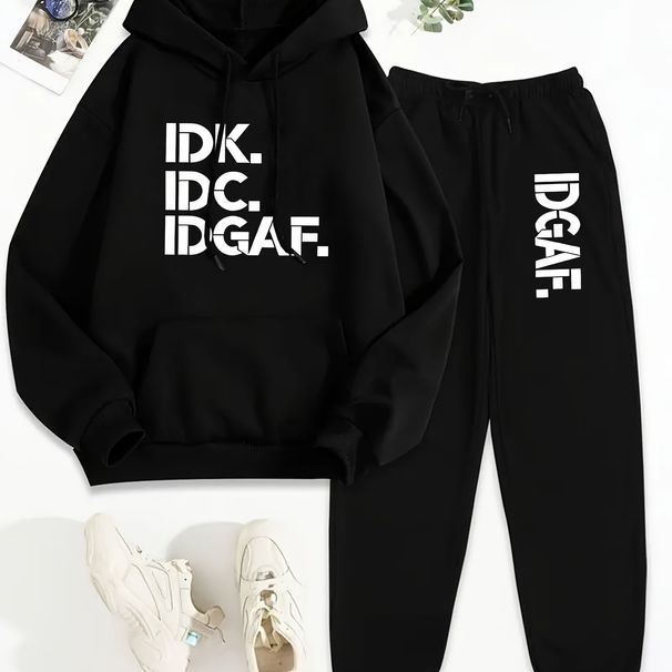 Women's Autumn And Winter Fashion Casual IDK IDC IDGAF Letter Printed Thick Suede Warm Hooded Sweatshirt+sports Pants Set-820_ecoleips.com