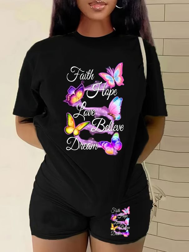 Summer Women's Casual And Fashionable Butterfly Letter Graphic Printed Loose T-shirt Shorts Two-piece Set Sportswear Suitable For Daily Wear-148_ecoleips.com