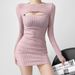 "Sleek Long-Sleeve Bodycon Dress With Chest Zipper – Sexy & Stylish Mini Dress For Women (Pink/Black/Brown/Violet/Gray, S-L)"_ecoleips.com