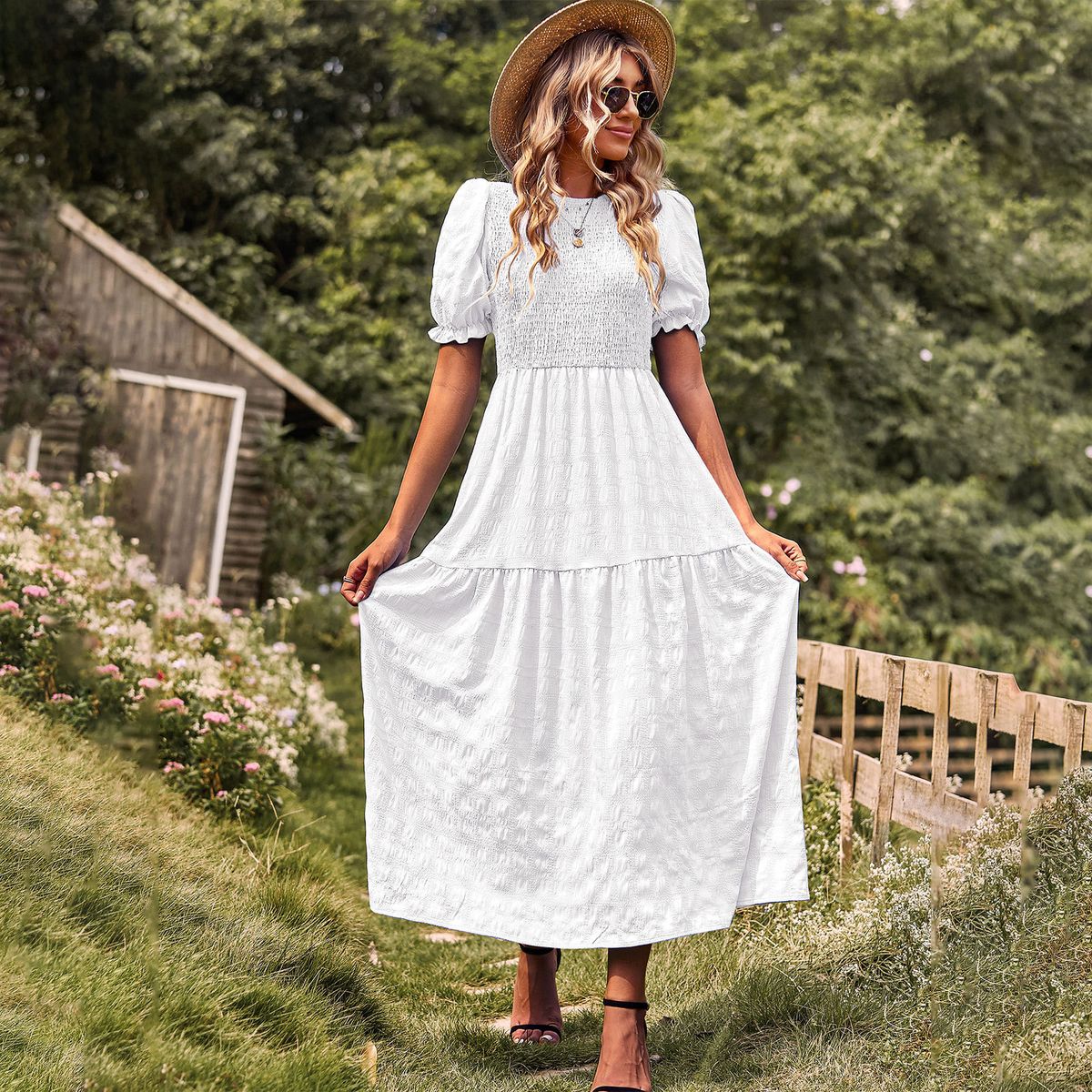 European Slim-Fit Dress 2023 Spring/Summer Casual Vacation Flared Skirt High-Waisted Slimming_ecoleips.com