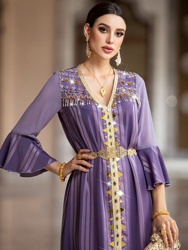 Women's Clothing V Neck Long Sleeve Muslim Handmade Beaded Dress_ecoleips.com