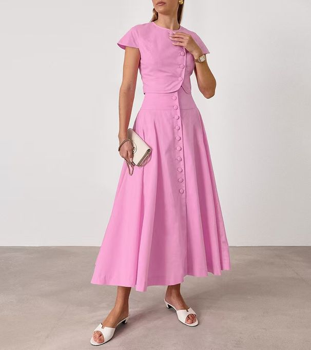 European And American 2025 Summer Women's Clothing Solid Color Button Short Sleeved Top Button Long Skirt Two Piece Suit_ecoleips.com