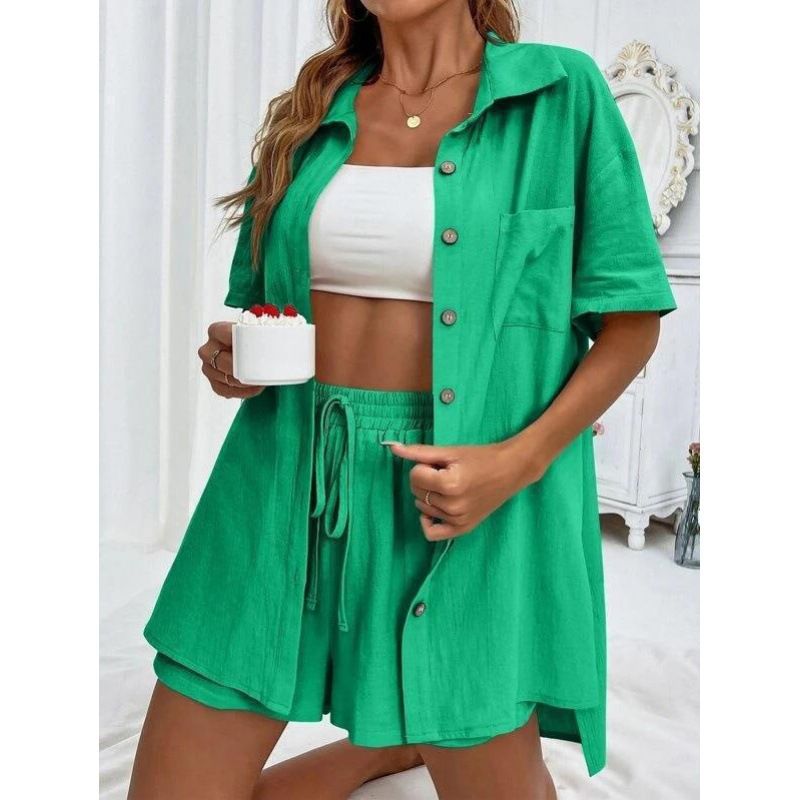 Women's Casual Loose Shirt Set Single Breasted Solid Color Two Piece Shorts Outfit Short Sleeved Fashion Spot Goods_ecoleips.com