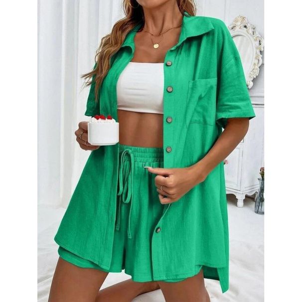 Women's Casual Loose Shirt Set Single Breasted Solid Color Two Piece Shorts Outfit Short Sleeved Fashion Spot Goods_ecoleips.com