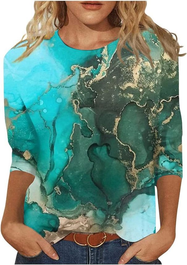 Women's Clothing Tops Three Quarter Sleeves Summer Ethnic Floral Slim Tops Round Neck Slim Print T Shirt_ecoleips.com