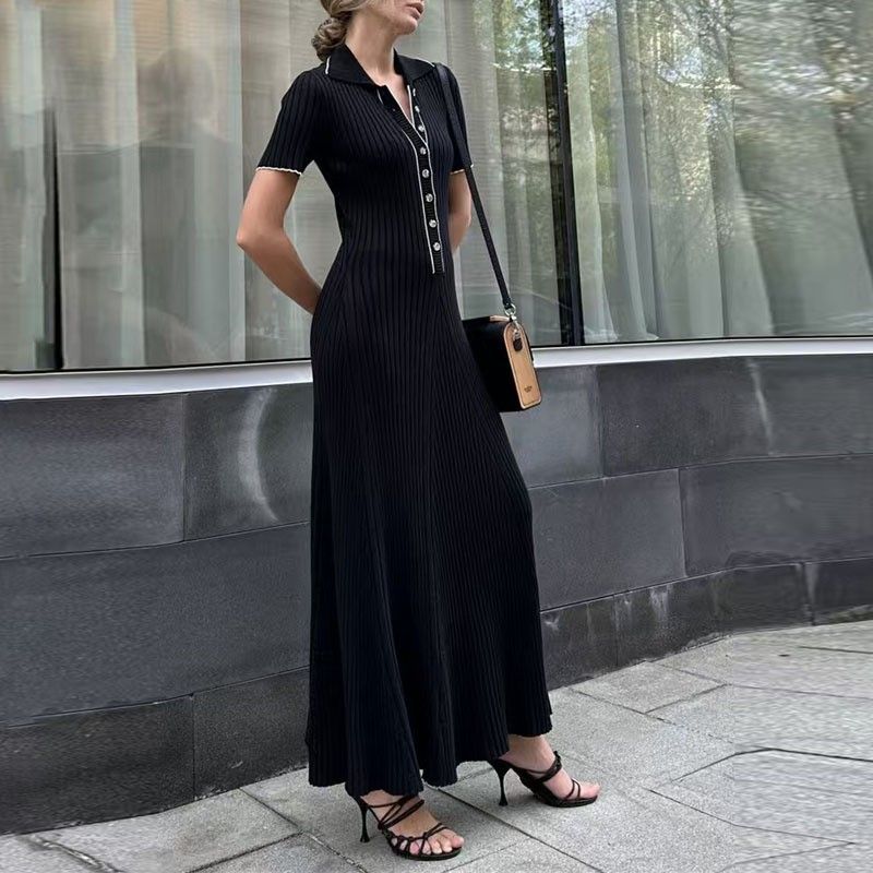 Women's Clothing New Style Short Sleeved Denim Knitted Dress Simple And Elegant Long Skirt Slimming Sweater Dress_ecoleips.com