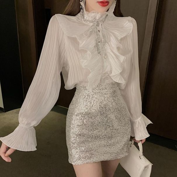 Vintage-style French Niche Ruffled Sequin Long-sleeve Shirt For Women, New Spring And Autumn Trendy Versatile Solid_ecoleips.com