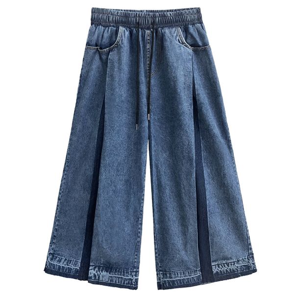 American Street Style Pleated Washed Color-Block Jeans For Women, Autumn New Loose Fashionable Casual Wide-Leg Pants_ecoleips.com