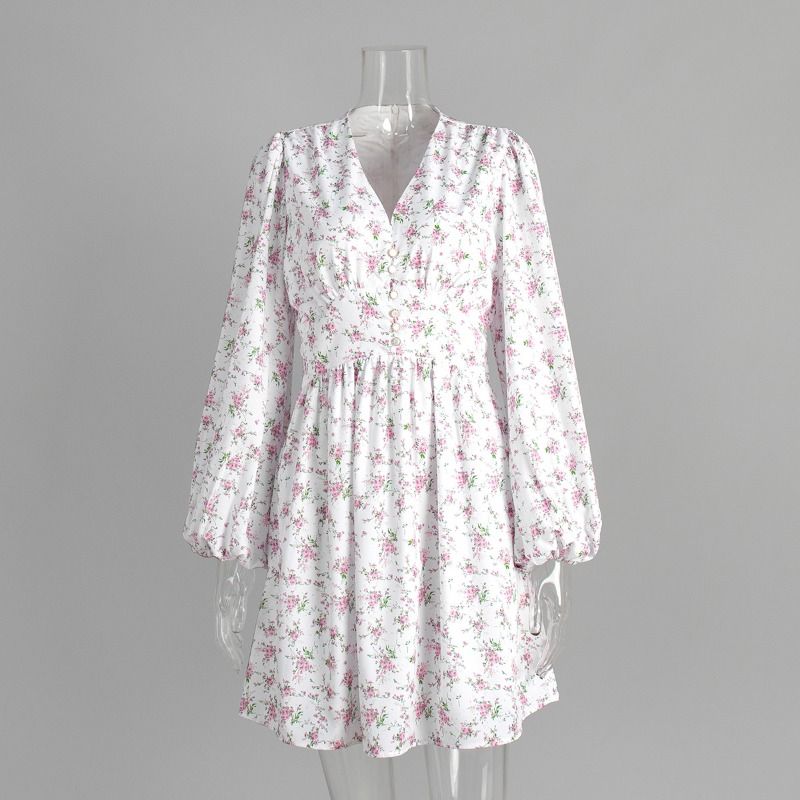 Talenza Summer Printed Dress Fashion Contrast Long Sleeve V-Neck Slim Dress Casual Vintage Y2k High Waist Elegant Women Dresses_ecoleips.com