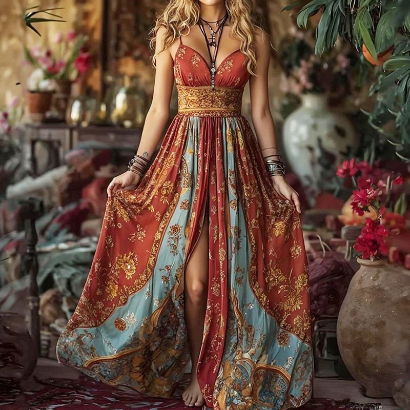 Summer New LN1640 Strapless Backless Suspender Dress European And American Style Retro Print Long Dress for Women_ecoleips.com