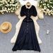 Women's Clothing Lace Collar Puff Sleeves Slim Fit Short Sleeves Knitted Dress Single Row Gold Button Long Skirt_ecoleips.com