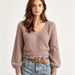 Dusty Purple V Neck Pit Rib Knit Jumper, Loose Hollow Breathable Soft Skin-touch Lantern Long Sleeve Sweater_ecoleips.com