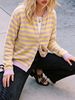 Lilac Yellow Stripe Crew Neck Pit Rib Knit Cardigan, Loose Lightweight Breathable Soft Skin-touch Button Air Conditioning Jacket_ecoleips.com