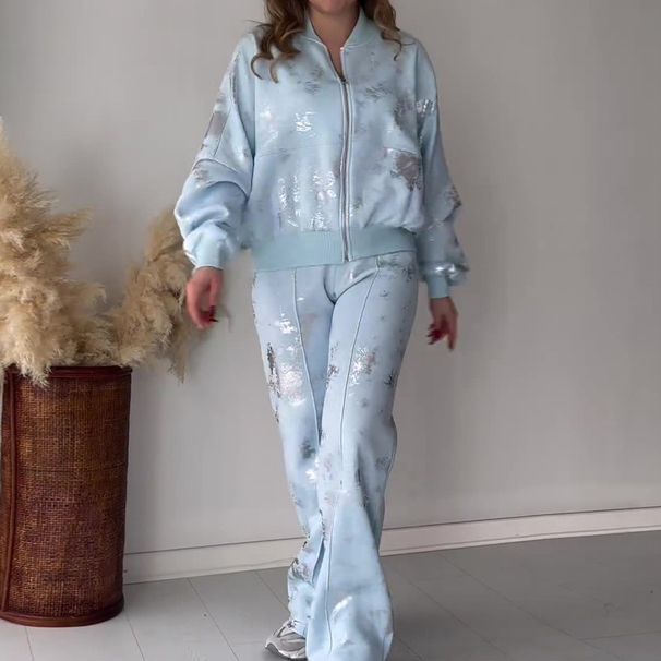 Women's Clothing summer new fashion sequin printed zipper casual sweatshirt two piece set_ecoleips.com