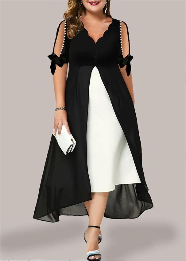 Spring/Summer New Women's V-neck Spliced Fake Two Piece Irregular Mid Sleeve Dress_ecoleips.com