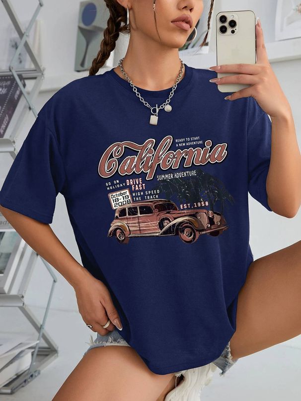 Women's Clothing Women's Casual Navy Blue T-Shirt Round Neck Short Sleeve Letter Car Print Simple Sporty Style_ecoleips.com
