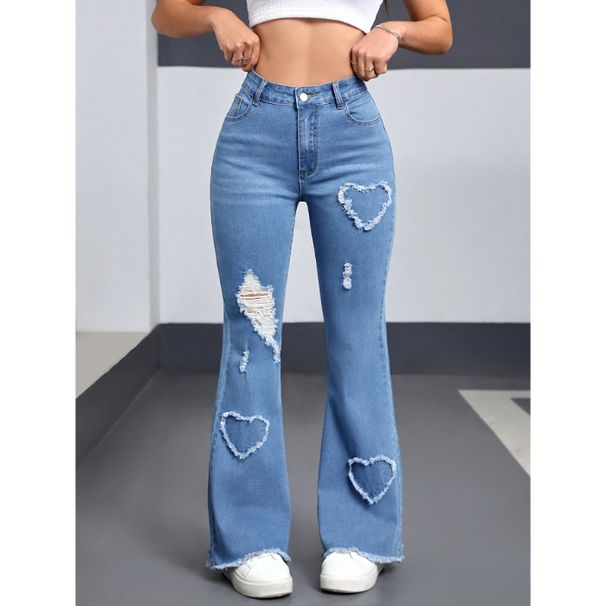 2025 Pattern Flared Jeans For Women Trimmed Fashion Casual Heart Original Ripped Flared Pants Stretch Women's Light Blue Trousers_ecoleips.com