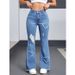 Women's Light And Dark Blue Denim Jeans, Versatile Flared Cut, Fashionable And Casual Heart Shape, Ripped Flared Jeans, Stretchy._ecoleips.com