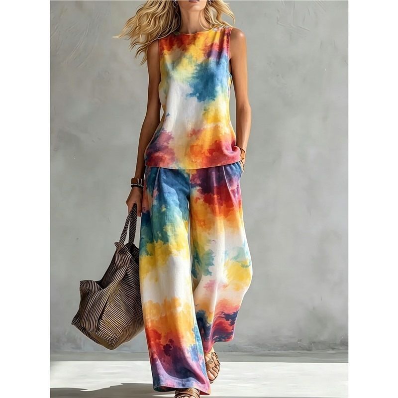 Women's Rainbow Tie Dye Two Piece Set Sleeveless Round Neck Top With Wide Leg Pants Casual Summer Outfit_ecoleips.com