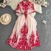 Women's Clothing Retro Palace Style Short Sleeved Lapel Waist Single Breasted A Line Printed Belt Pleated Dress With Long Swing Skirt_ecoleips.com