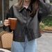 Women's PU Leather Short Jacket - Autumn Brown Retro Polo Collar Coat, Slim Fit Button-Down Blazer For Petite, Office & Casual (S-XL)_ecoleips.com