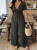 Plus-size Elegant Jumpsuit For Women, Solid Color V-neck Jumpsuit, Short-sleeved Casual Women's Wear For Summer, Suitable For Daily Commuting._ecoleips.com