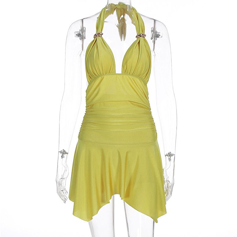 Sexy V Neck Lace Up Solid Color Pleated Dress For Women Y2K Streetwear Party Night Out Fashion Slim Fit Clubwear Mini Dress_ecoleips.com