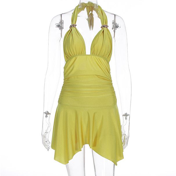 Sexy V Neck Lace Up Solid Color Pleated Dress For Women Y2K Streetwear Party Night Out Fashion Slim Fit Clubwear Mini Dress_ecoleips.com